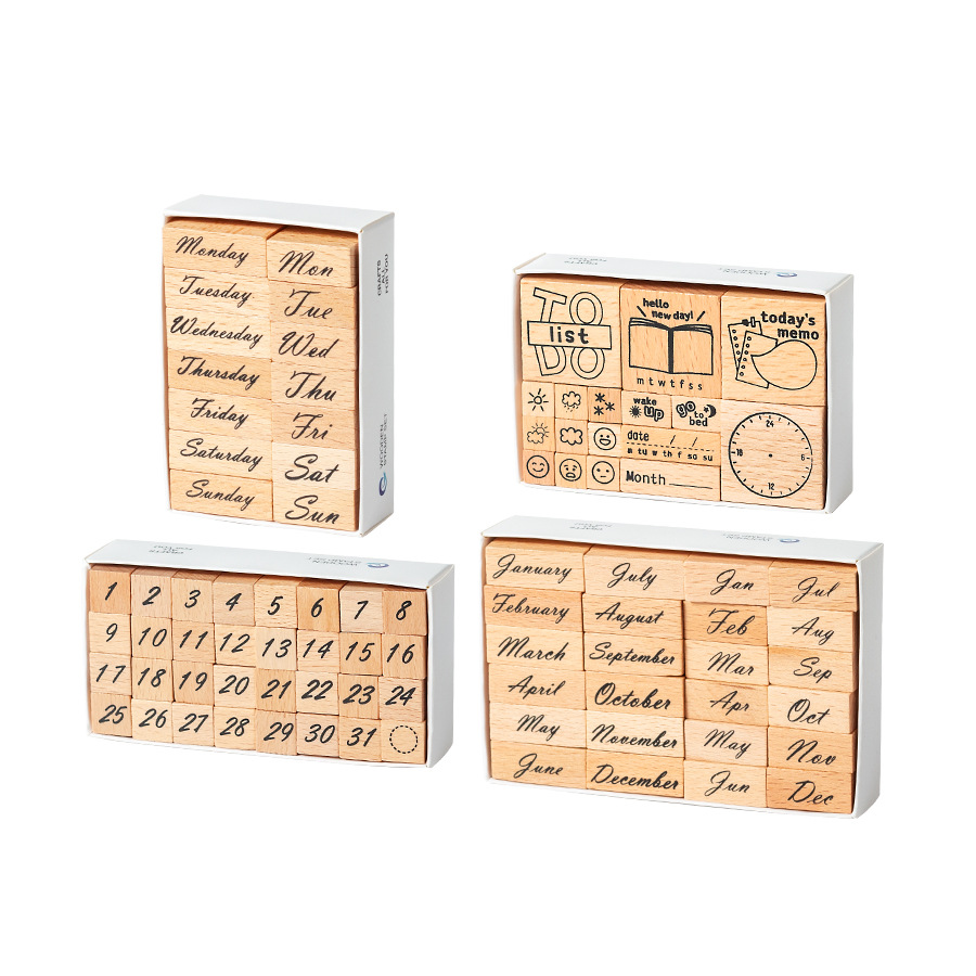 Sello de madera Tiempo Sello de madera Juego de cajas Mes de la semana Decoración de la cuenta manual digital Fecha transfronteriza Plan Sello de tiempo