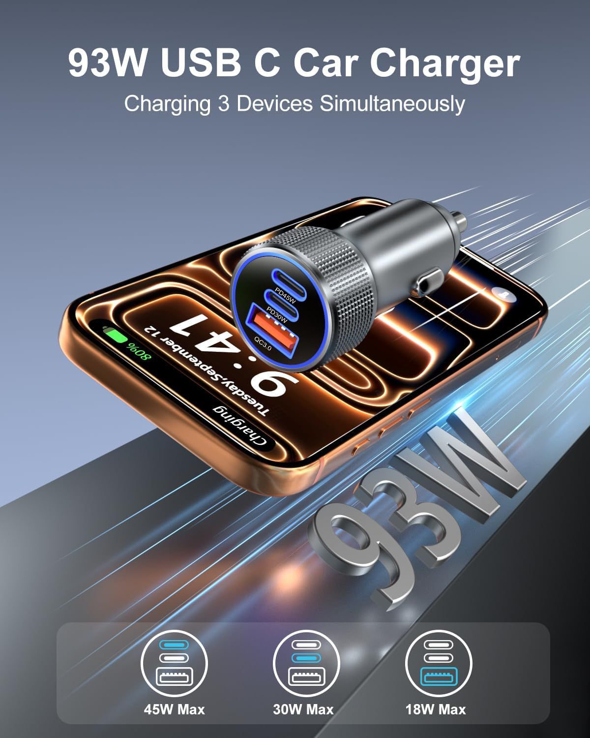 Amazon's Cross-Border Best-Selling Pd45W 2C+1A Multifunctional Car Charger Super Fast Charging Factory Wholesale