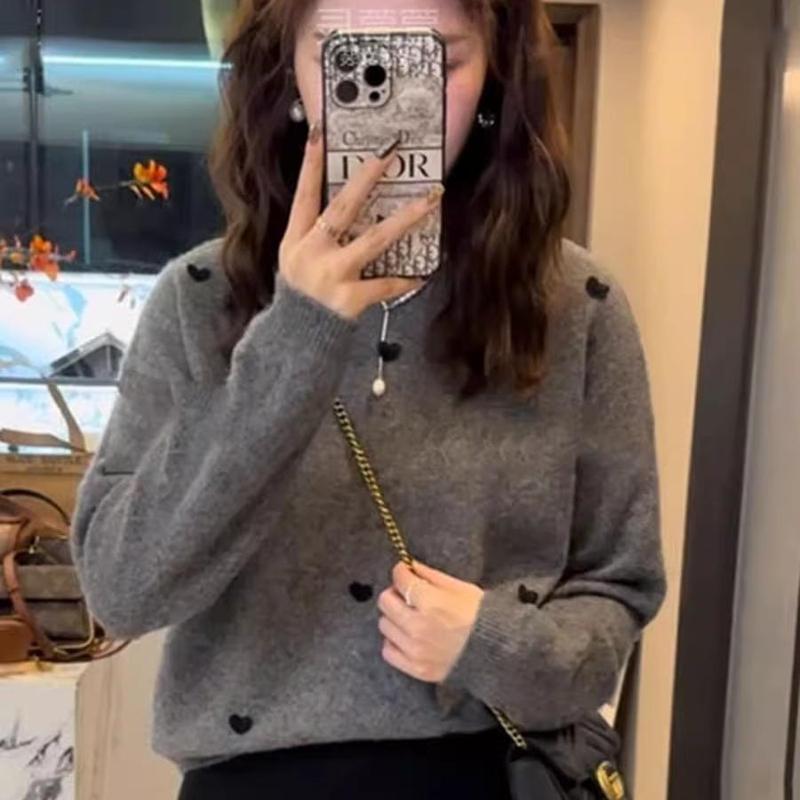 慵懒风立体爱心圆领套头长袖针织衫女秋冬宽松软糯毛衣打底衫上衣|undefined