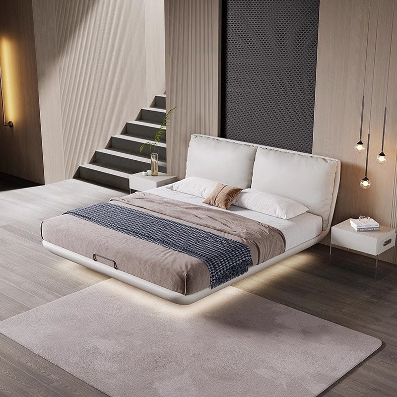 Cama de suspensión minimalista italiana dormitorio principal simple cama de cuero cama de envoltura blanda cama de matrimonio 2 * 2.2m cama doble cama de pluma