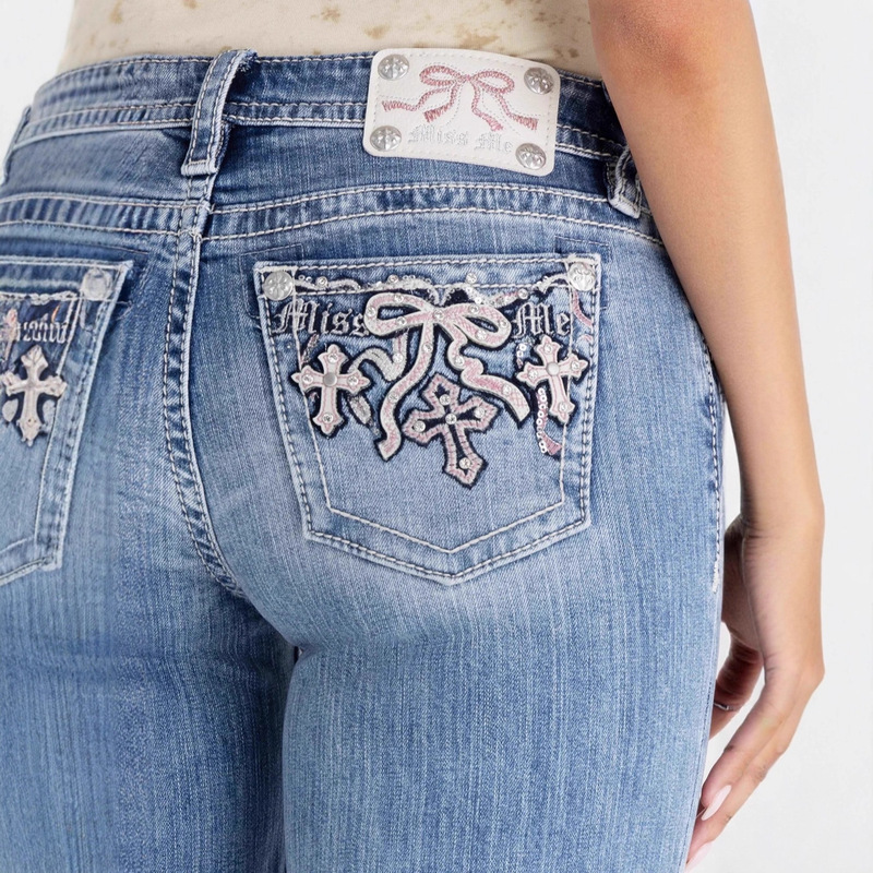 Y2K Cross-Border European and American New Retro Sweet Bow Low-Waist Niche Design Slim Washed Jeans Trend