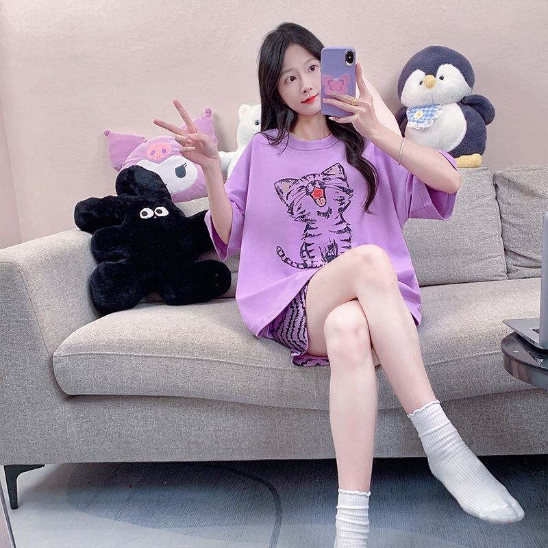 Venta al por mayor transfronteriza verano nuevo estilo cuello redondo pijamas estampados de dibujos animados pantalones cortos de manga corta para mujer