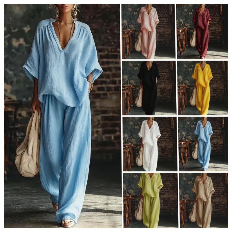 2026 European and American Cross-Border Women's Fashion Casual Solid Color V-Neck Loose Short-Sleeved Casual Long Pants Two-Piece Suit for Women