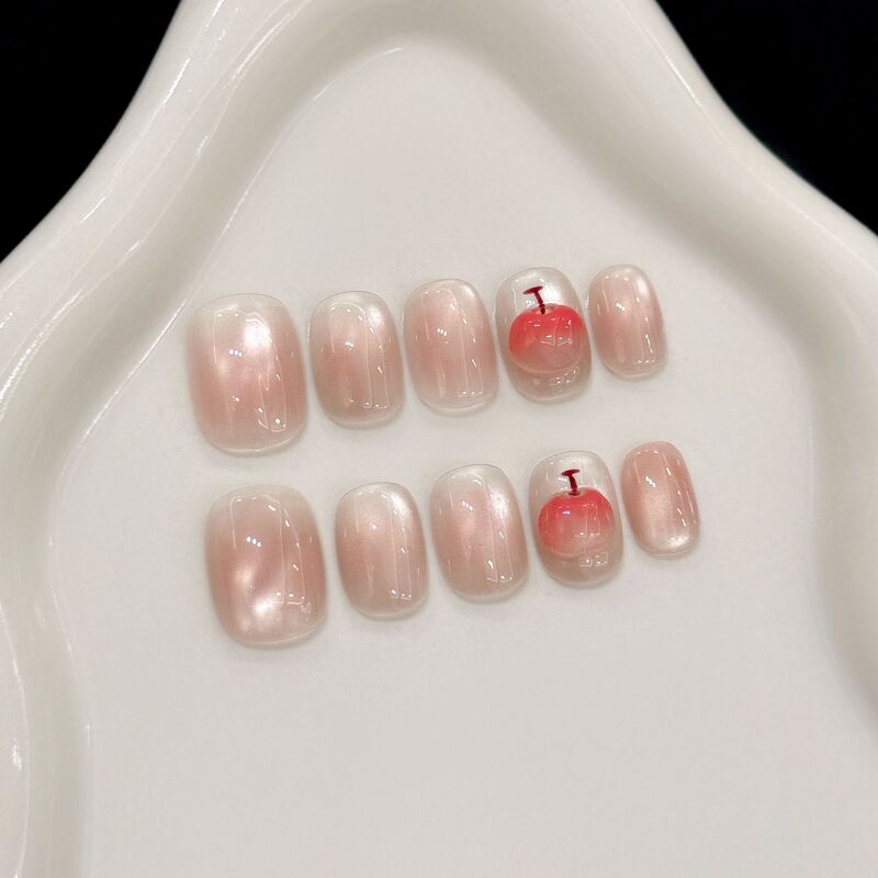 Yihe Wearable Nails [Fantasy Pink Apple] Sweet Girl Style Glass Beads Cat Eye Hand-Painted Three-Dimensional Small Apple Handmade Manicure