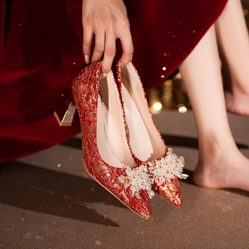 Ya-A15 Chinese Style Red Thick Heel Wedding Shoes Bridal Shoes New Xiuhe Non-Tiring High Heels Large Size Plus Fat Flats