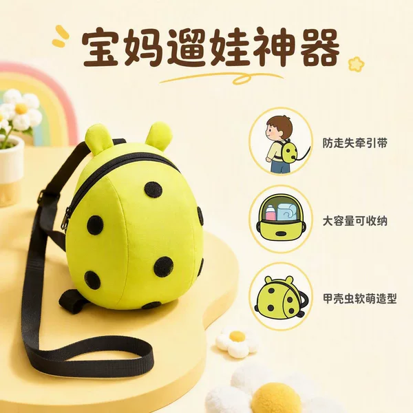 Ladybug-shaped children's anti-lost dual-use backpack, toddler walking leash small backpack
