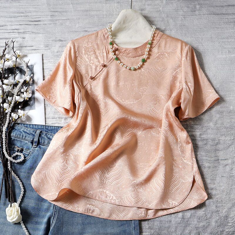 Nanyou Women's Silk Floral New Chinese Style T-Shirt Short Sleeve Top for Women Summer Diagonal Collar Jacquard Loose Short Sleeve