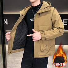 冬天男士外套新款潮流男士工装连帽加绒夹克冲锋衣冬季加厚棉衣男