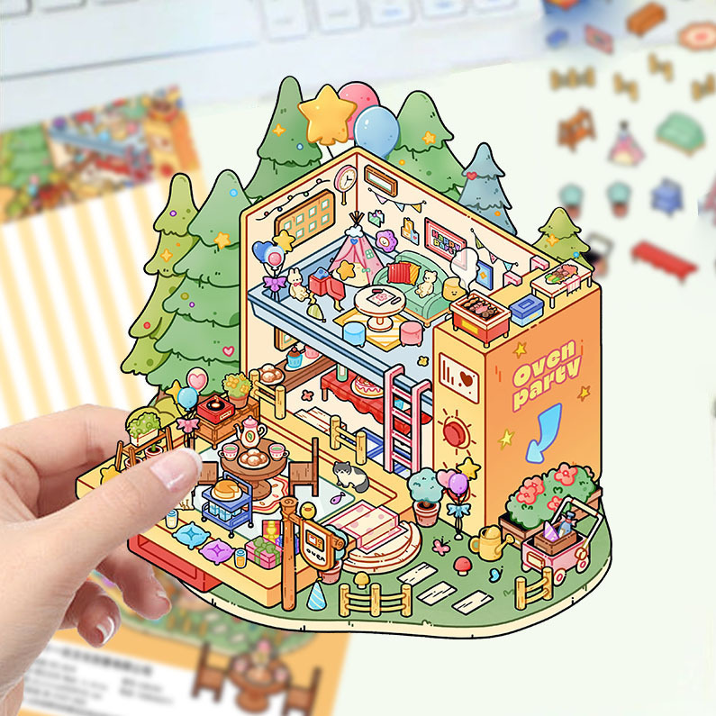 漫画造園ステッカー、さまざまなミニチュア世界 3D キャビン、リトルレッドブック減圧 DIY シーンハンドブックステッカー卸売 PET|undefined