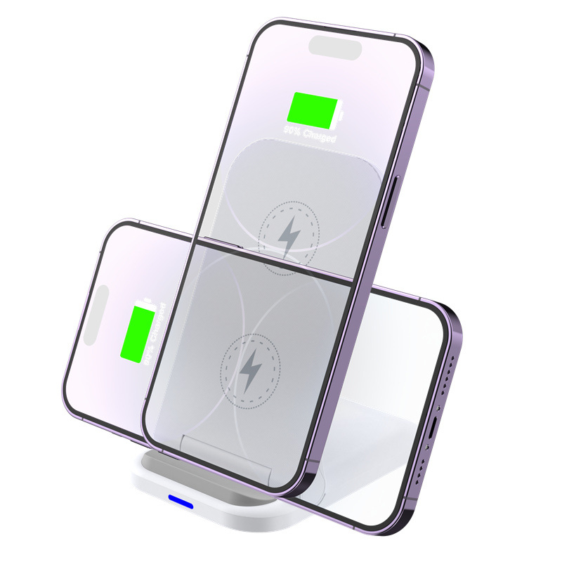 Vertical de escritorio inalámbrico de carga rápida plegable soporte de teléfono móvil cargador inalámbrico de doble bobina de carga inalámbrica 15W