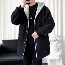 港风棉服冬季男士中长款加绒加厚羊羔绒风衣保暖连帽外套男款外套