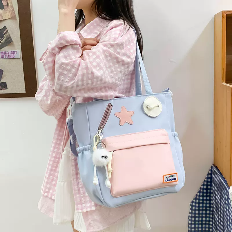 小清新撞色补课袋甜美ins学生手提包少女心青春校园大容量单肩包