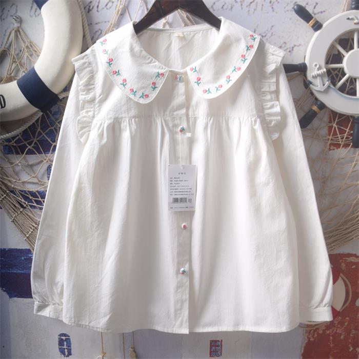 2022 Autumn New Style Doll Collar Embroidered White Long Sleeve Shirt for Women with Ruffled Puff Sleeves in College Style