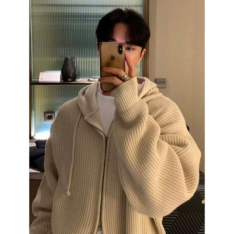 Hooded Zipper Cardigan Sweater for Men, Autumn and Winter Korean Style Loose Solid Color Casual Knitwear Jacket for Couples