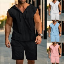 2025夏季男士全棉背心套装欧美跨境男装连帽套头衫短裤无袖两件套