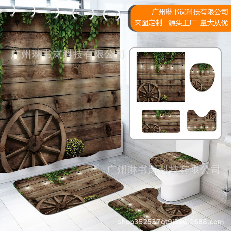 Amazon Temu Hot-Selling Farm Barn Wooden Door Shower Curtain Polyester Digital Print Shower Curtain Four-Piece Bathroom Curtain Set