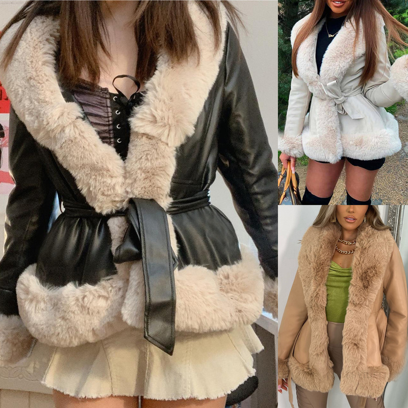 Foreign trade autumn and winter PU leather large fur collar lace-up waist women's leather coat stitching slim-fit long-sleeved coat female SU3126
