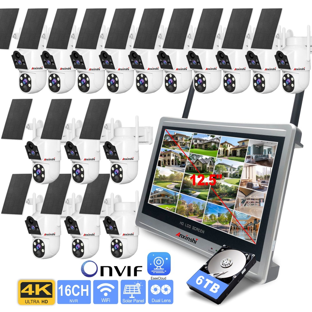16Ch 8Mp Dual Lens Solar Wireless Set Nvr with 12.5inch Displays Outdoor Waterproof