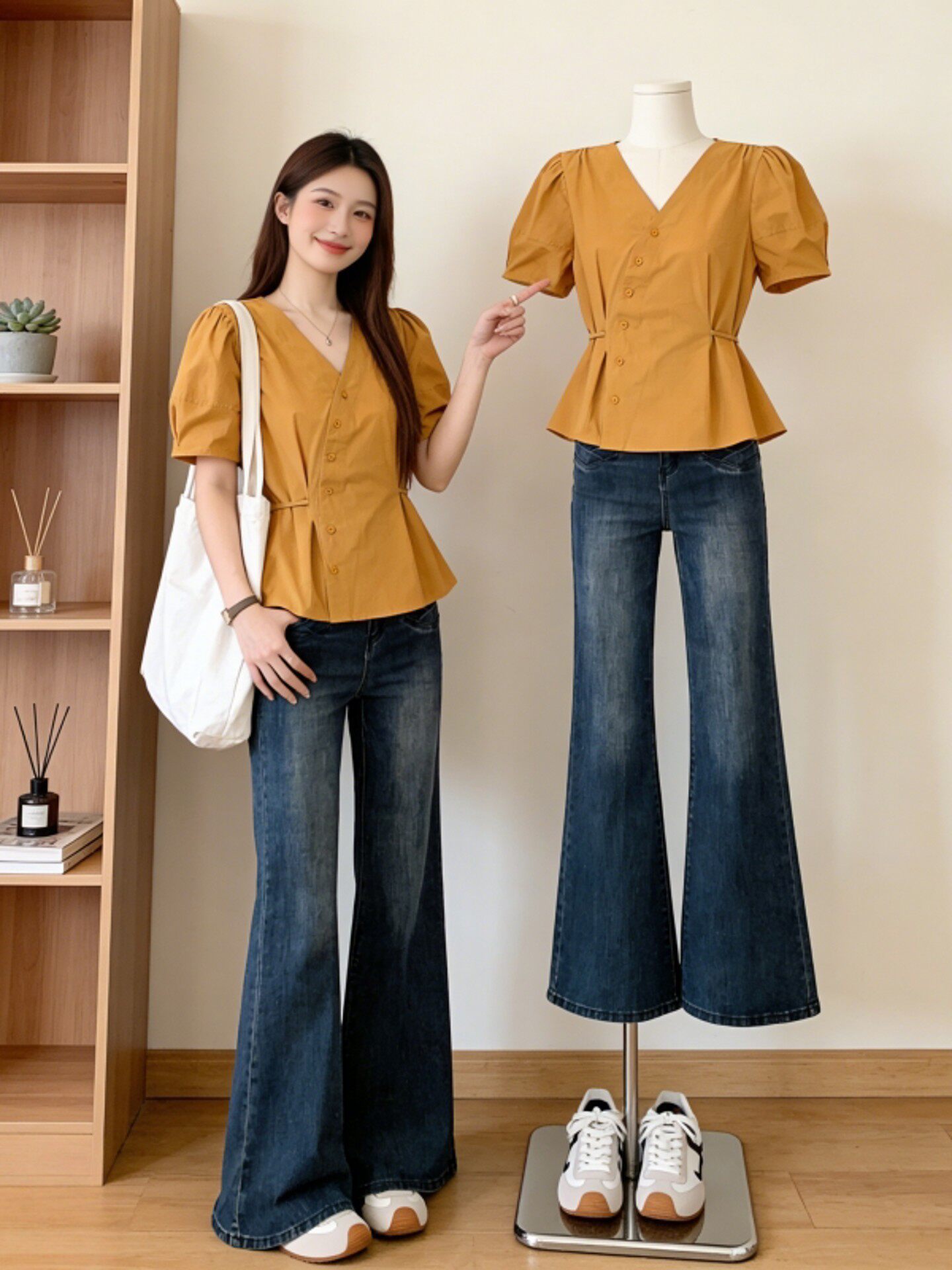 Áo sơ mi nữ cổ V tay ngắn phong cách Hàn Quốc, thiết kế eo ôm nhẹ — xanh lam