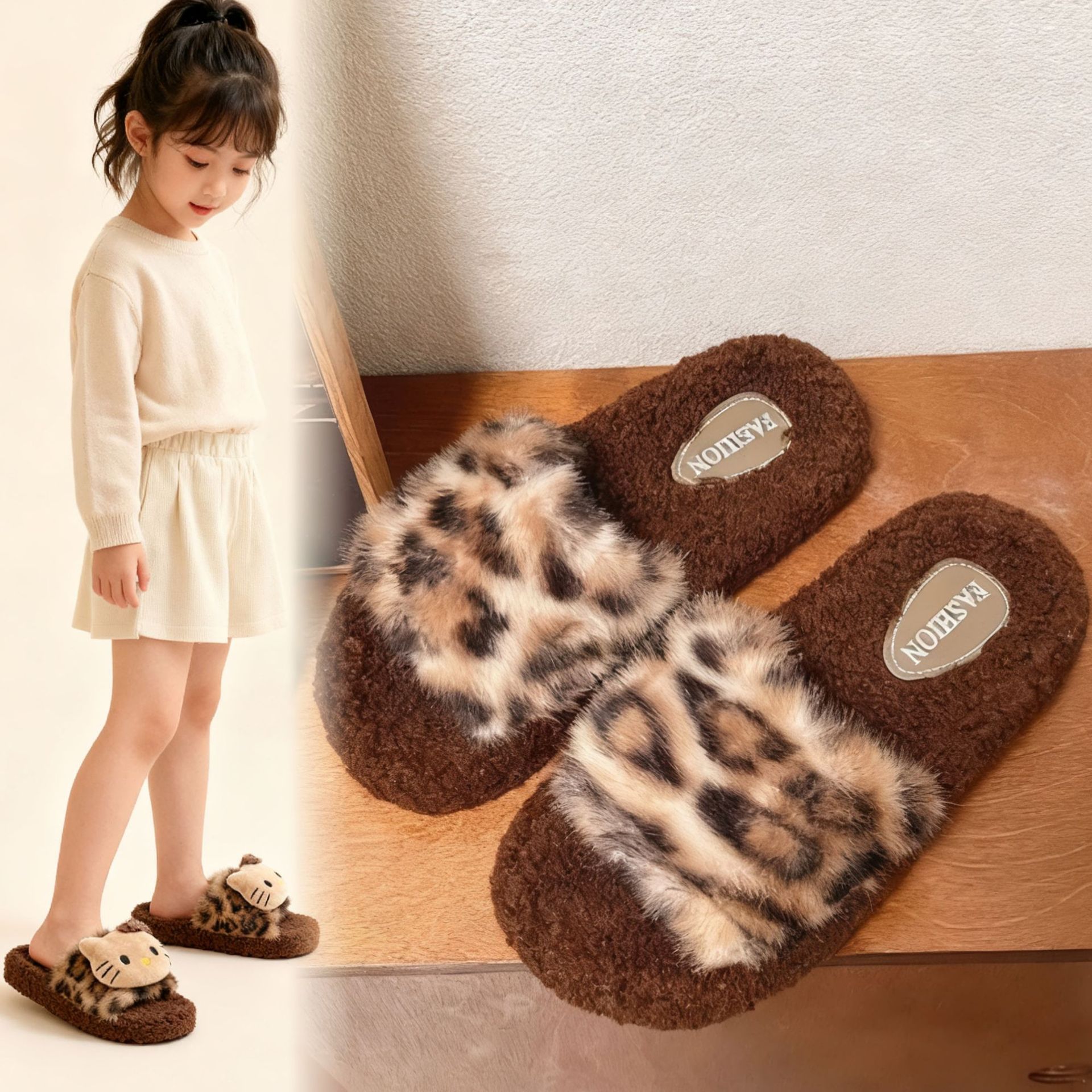 棉拖鞋女童可爱豹纹KT猫毛毛拖鞋女室内穿防滑厚底秋冬亲子毛拖鞋