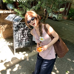 棉山樱漫岛~V领扭结无袖上衣女夏外穿刺绣收腰显瘦挂脖小衫黄色