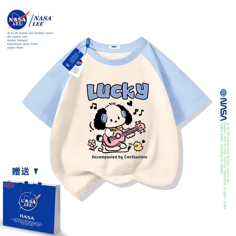 NASA children's white cotton western style short sleeve T-shirt 2025 new summer kappa dog printed loose top wholesale