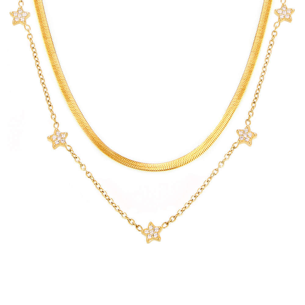 Cubo de azúcar ins pentagrama con circón pequeño diamante estrellas del cielo clavícula collar de titanio chapado en oro simple doble collar mujer