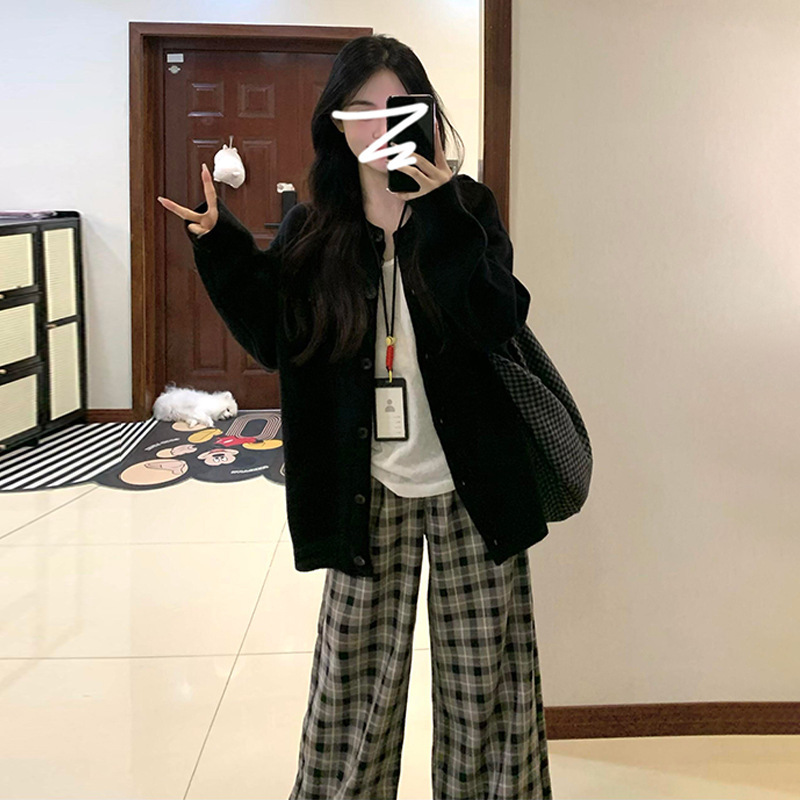 慵懒风高级感灰色圆领毛衣外套女秋冬季新款宽松休闲针织开衫上衣|undefined
