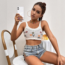 S231#欧美跨境外贸抹胸女短款上衣钩花镂空针织背心露脐绣花吊带