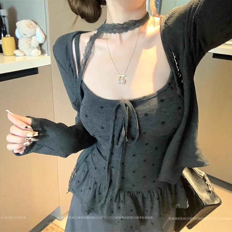 实拍 2025秋季韩版针织开衫女波点蝴蝶结绑带吊带打底衫两件套女|undefined