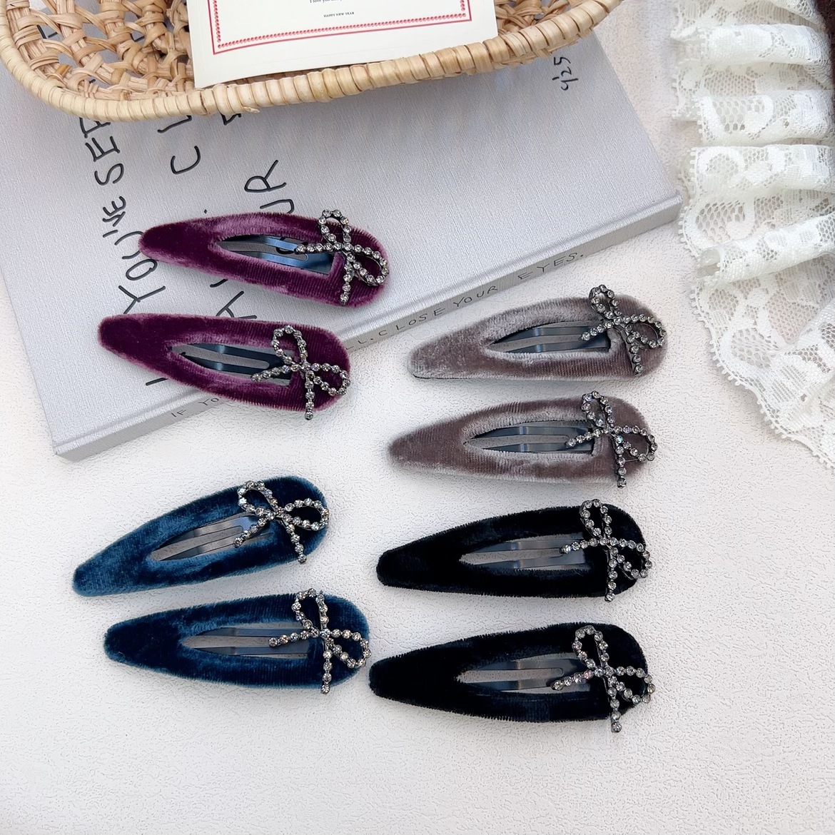 秋冬新款氣質高級感水鑽蝴蝶結絲絨髮夾BB夾簡約百搭側邊夾碎髮夾