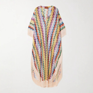V Neck Tassel Trim Striped Cover Up Gown����ӡ�����K�ȼ��Lȹ