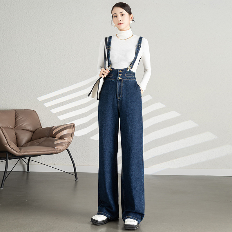 Quần yếm denim nữ dáng rộng ống rộng cạp cao ống thẳng — Màu xanh lam