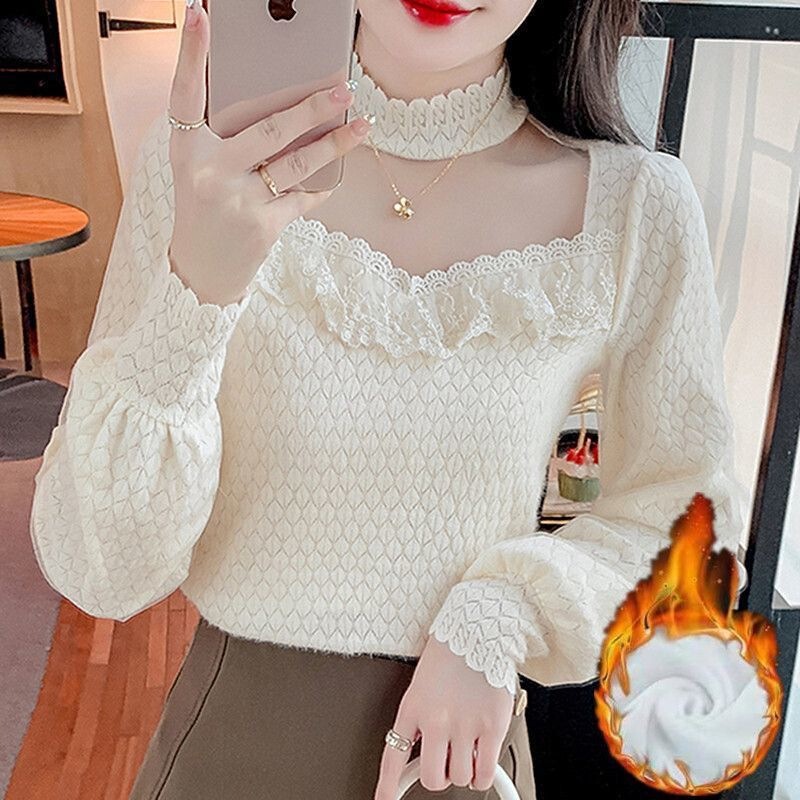 Half Turtleneck Mesh Splicing Lace Shirt 2025 Autumn and Winter New Style Fleece-Lined Thickeneded Edge Western Style Slimming Look Top
