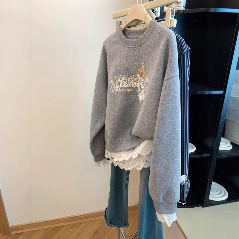 Extra Large Size 150kg Embroidered Patchwork Lace Trim Fleece Sweatshirt for Women, Popular Autumn and Winter Fashion Top for Petite Figures