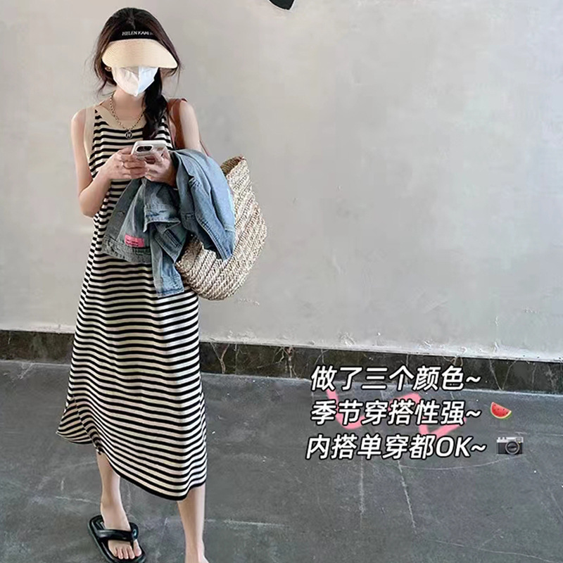 2023 Early Spring Dress Striped Sling Dopamine Sweet Style Inner Round Neck Sleeveless Vest Dress for Women