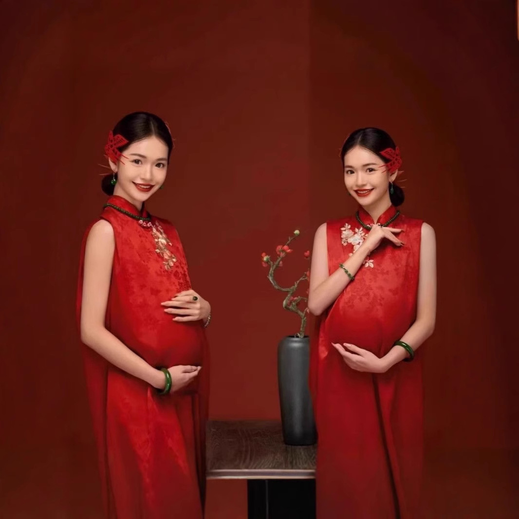影楼新款情侣孕妇照服装拍照红色喜庆风孕妈咪大肚照写真摄影套装
