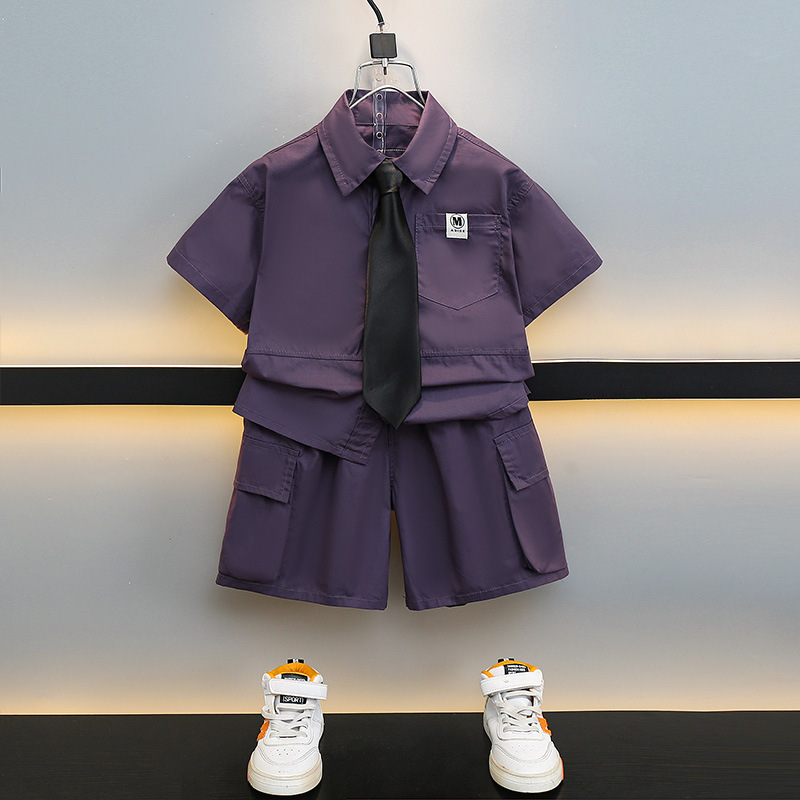 7206 traje de camisa a juego de colores para niños 2025 verano nuevo estilo bebé camisa de manga corta verano para niños de dos piezas de moda