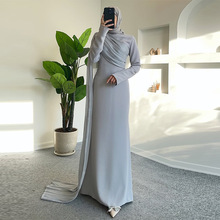 2025年新款欧美亚马逊跨境外贸女装长袖优雅时尚褶皱显瘦简约长裙