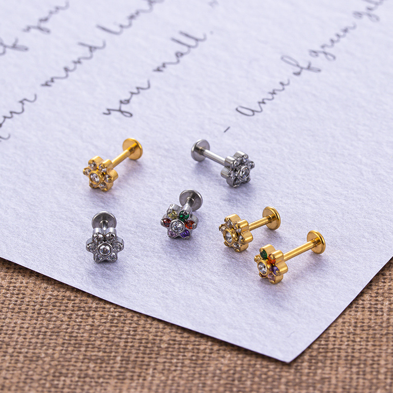 Fashion Flower Stainless Steel Plating Inlay Zircon lip stud 1 Piece