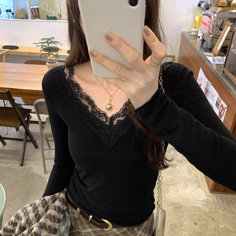 Black Lace Ruffle Base Shirt for Women, Autumn and Winter Long-Sleeve T-Shirt, Slim-Fit Thermal Top with German Velvet