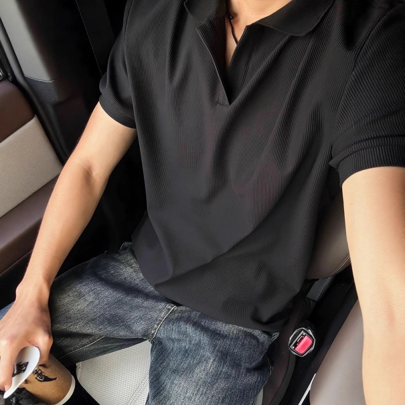 [Tik Tok Hot Style] American Seagull Collar Polo Shirt Short Sleeve Men's Commuting Business Knitted Stretch T-Shirt Top