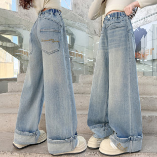 Girls' Denim Wide Leg Pants Spring and Autumn 2025 New Children's Light Color Mop Pants Girls' All-match Loose Pants