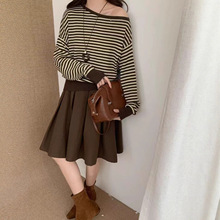 法式配项链条纹斜肩内搭打底衫上衣女早秋季小个子气质针织毛衣