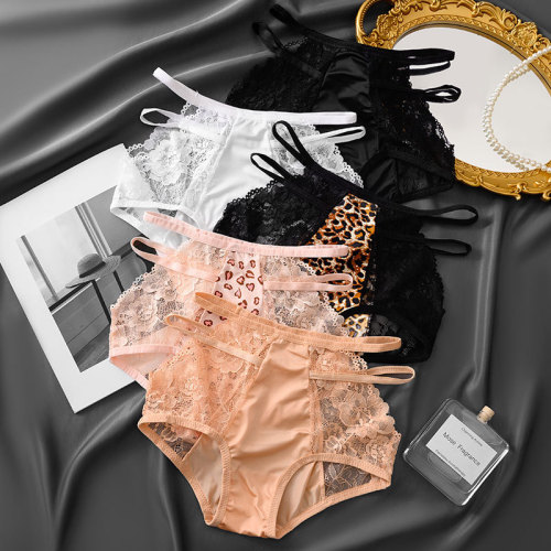 French sexy lace panties for women pure cotton crotch high waist hip lift leopard print pure lust ice silk seamless large size briefs