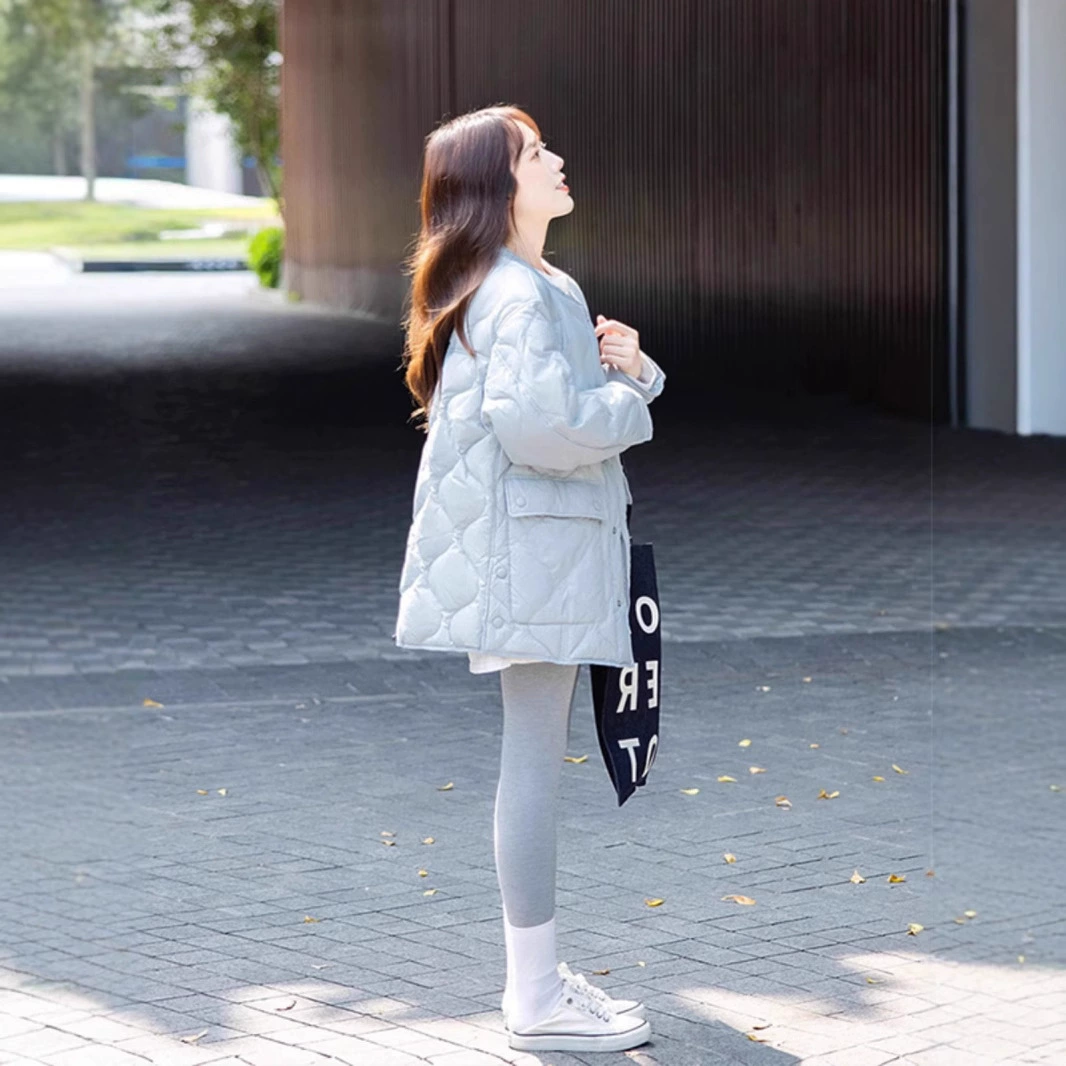 Blue down jacket with diamond pattern with a round collar, Chanel style