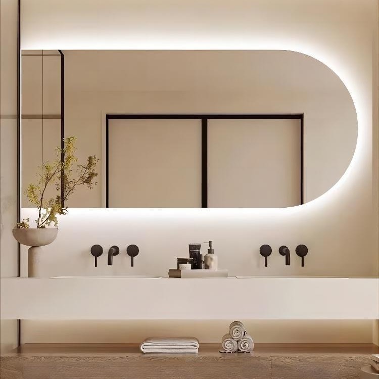 Espejo de baño espejo inteligente forma de arco led luminoso espejo de baño pantalla táctil espejo de maquillaje hotel comercial