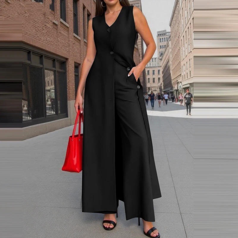 Women's Fashion Street Style Two Piece Set Sleeveless Long Top Wide Leg Pants Solid Color Summer_ecoleips.com
