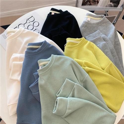  new autumn Korean style soft and lazy style loose solid color round neck pullover versatile high waist short sweatshirt for women