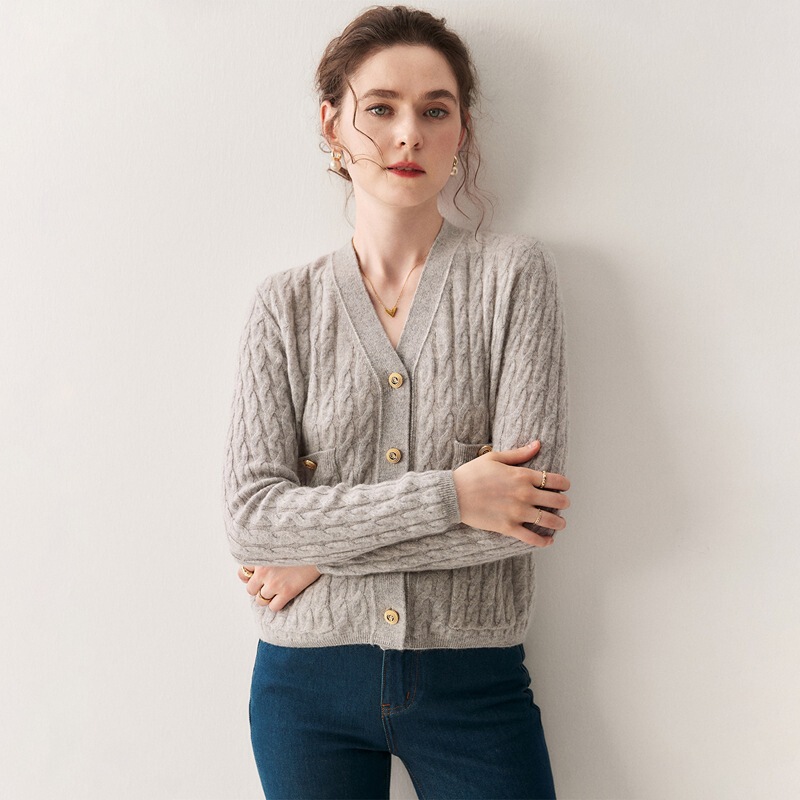 Collar Sweater Jacket Button Autumn and Winter Golden Twist Small Fragrance New Sweater Cashmere Cardigan Women's Short Long Sleeves Collar Sweater Jacket Button Autumn and Winter Golden Twist Small Fragrance New Sweater Cashmere Cardigan Women's Short Long Sleeves